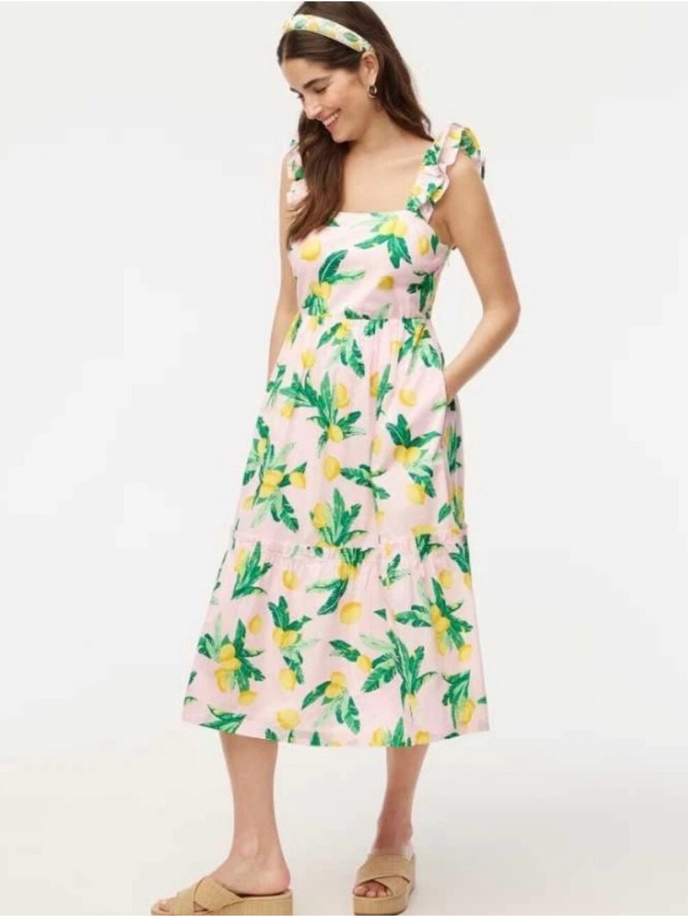 J. Crew Pink Lemon-Print Midi Dress with Ruffle Straps